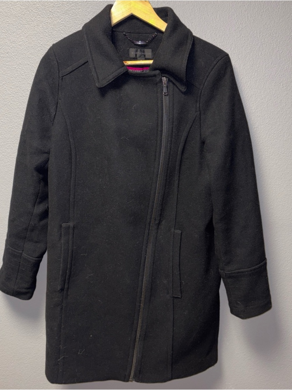 Worthington Women's Black Wool Blend Long Coat, Full Zip, Size M